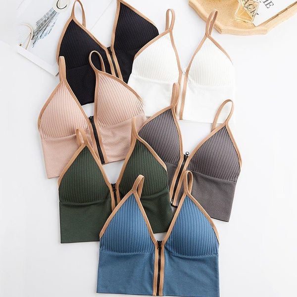 

front zipper bras sports women gym clothes strap push up seamless padded knitted breathable underwear tank summer 2021 yoga outfit