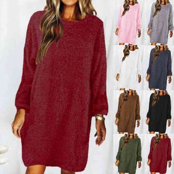 

casual dress autumn women sweater dresses solid color plush autumn winter loose round neck long sleeve dress loose spring, Black;gray