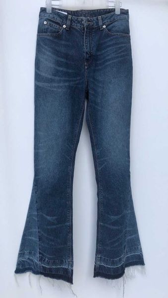 

women's jeans washed blue denim flared cuffs high waist woman trouser