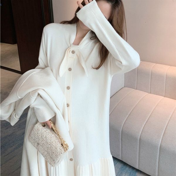 

dresses elegant sweater women winter slim knitted one piece korean long sleeve button bow office lady knit dress female, Black;gray