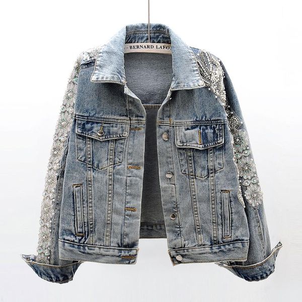 

women's jackets 2021 spring autumn women denim jacket korean long sleeve diamond beading short loose vintage blue jeans streetwear, Black;brown