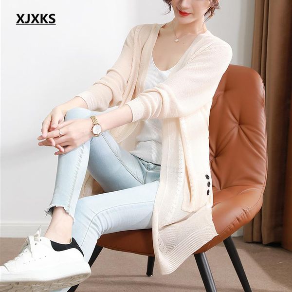 

women's knits & tees xjxks fashion v-neck women long cardigan sweater 2021 spring autumn thin linen knitted coat, White