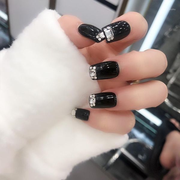 

pcs black rainstorn fake nails reusable ultra thin square solid color finished false with adhesive tape glue sticker1, Red;gold