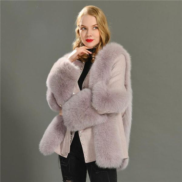 

women's fur & faux 2021 winter women real coat cashmere wool sweet warm outerwear streetwear, Black