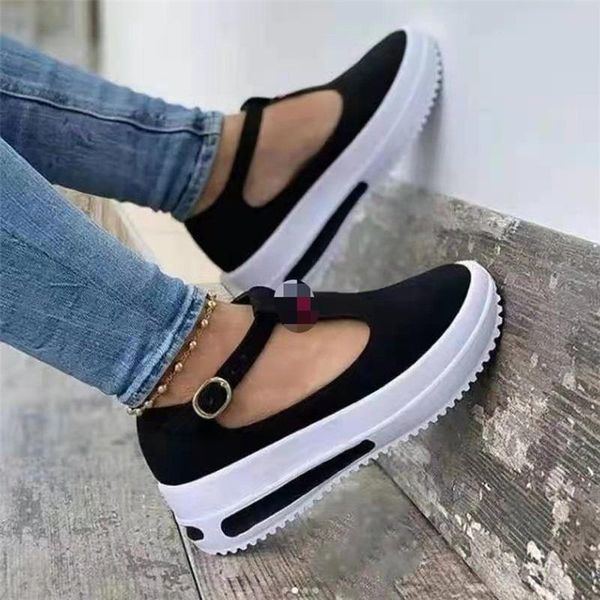 

women platform sandals 2021 summer buckle strap wedge shoes casual solid color thick bottom flat ladies, Black