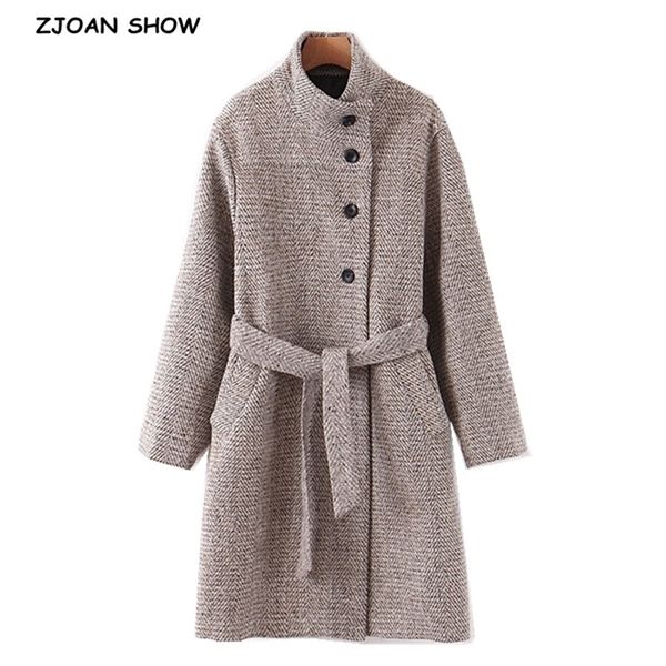 

winter check plaid woolen blends coat women single-breasted button stand collar long sleeve knee length ol trench outerwear 210429, White