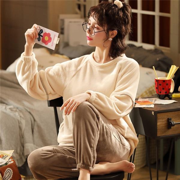 

autumn winter women coral fleece pullover pajamas set solid color casual homewear flannel cute round neck thick women's sleepwear, Black;red