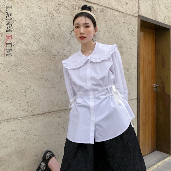 

lotus leaf collar pleated drawstring waist long sleeve shirt women white blouse all match spring summer 2d1296 210507