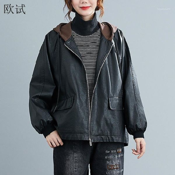 

plus size pu leather jacket coat women 2021 autumn winter black ladies hooded jackets and coats woman women's & faux