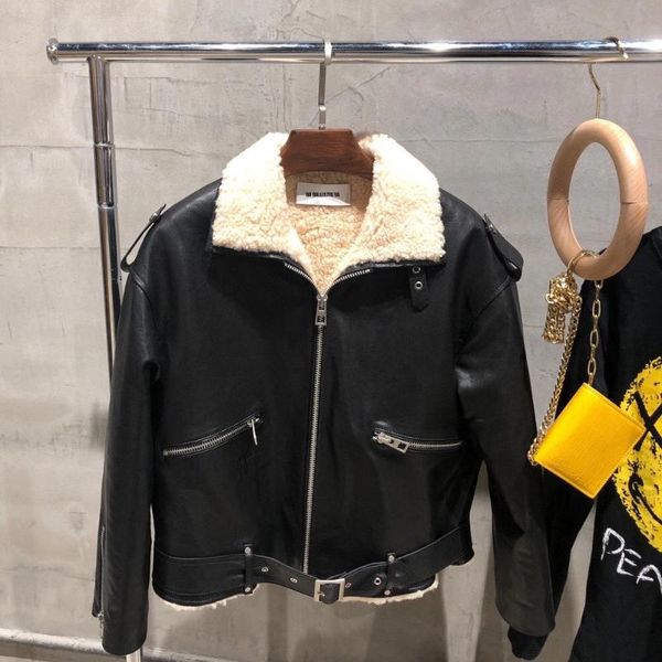 

women's leather & faux real sheep jacket with lamb fur lining ladies genuine coat off-shoulder sleeve design, Black
