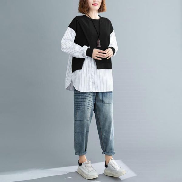 

women's hoodies & sweatshirts plus size autumn sweatshirt stitching striped shirt loose round neck pullover long sleeve streetwear, Black