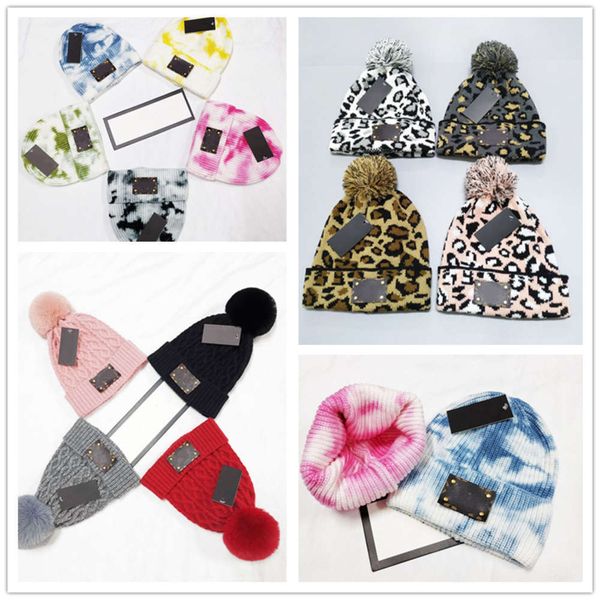 

2021 leopard knitted hats pom fur ball beanies women winter warm wool hat outdoor keep beanie caps, Blue;gray
