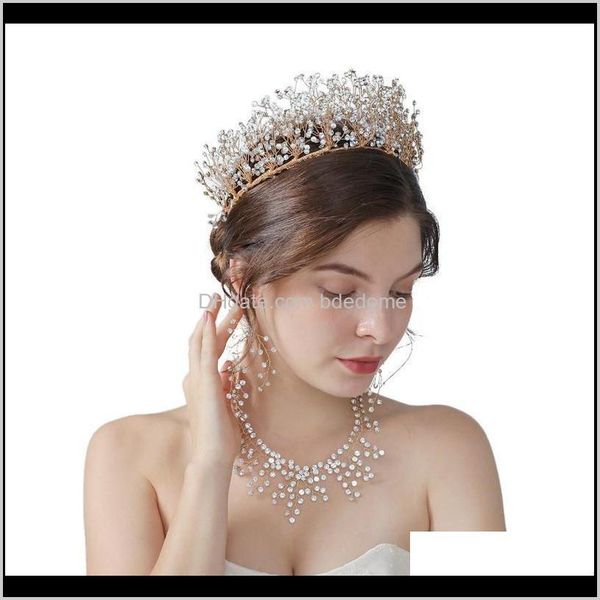 

other drop delivery 2021 super shiny rhinestone bride headdress headband tiara hairband golden crown earring necklace set hair jewelry olqpj, Golden;white