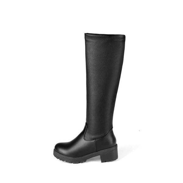 

boots esveva platform pu leather autumn winter round toe concise knee high square heel slip on women shoes big size 34-431 n7vi, Black
