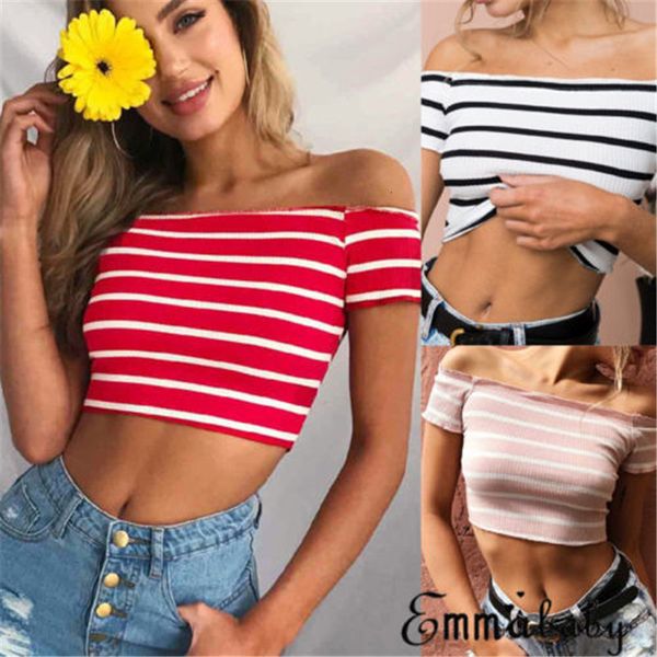 

women's t-shirt summer striped strapless casual slim teenage knitting t-shirt zvae, White