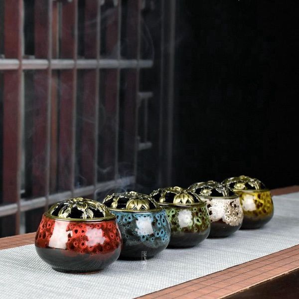 

fragrance lamps ceramic incense burner copper cover antique alloy wire sandalwood coil stick holder home decor