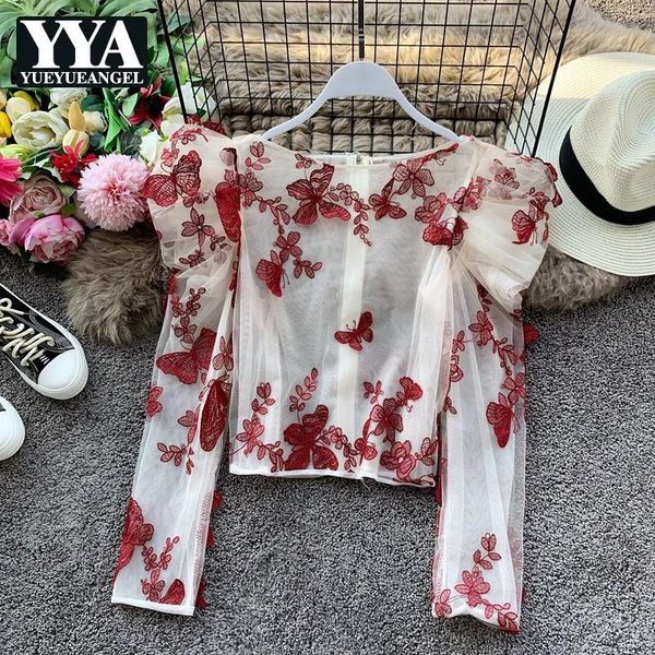 

vintage butterfly embroidery puff sleeve shirts women streetwear slim fit short blouse elegant office lady long women's blouses &, White