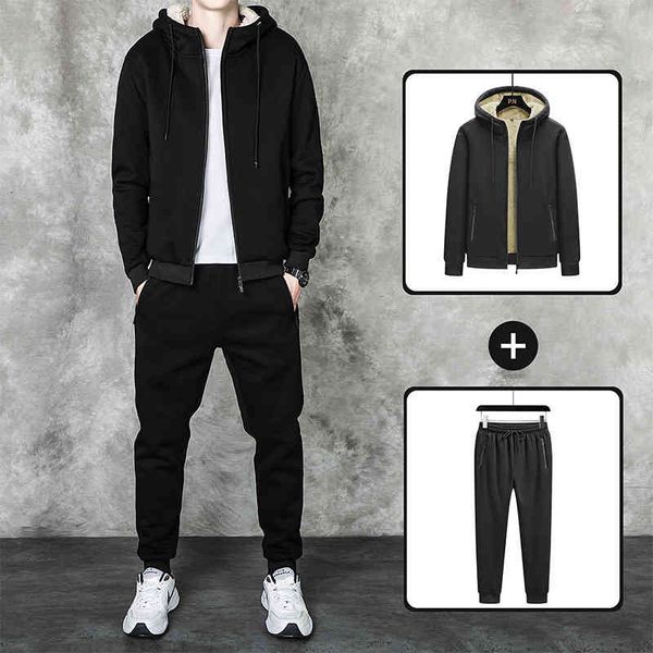 

autumn and winter new clothing simple fashion leisure sports suit men's cashmere cardigan men's plush two-piece set, Gray