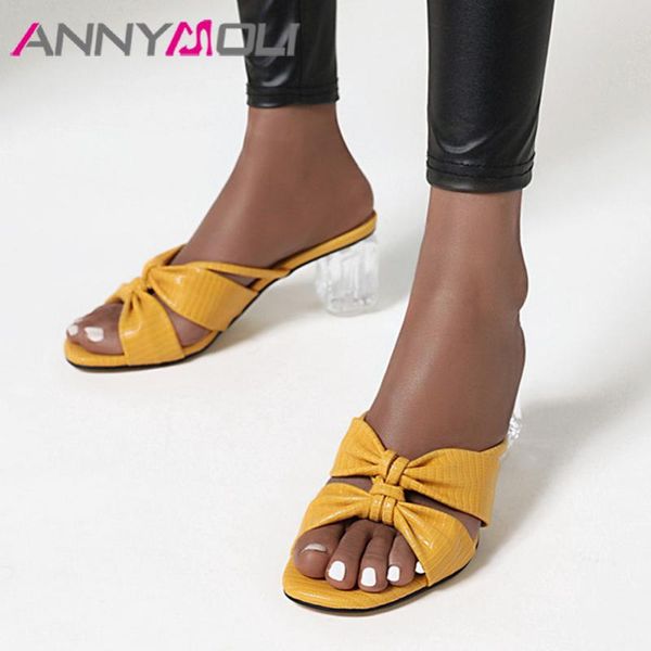 

slippers annymoli women shoes elegant bow square high heel transparent cutout open toe slides summer ladies sandals size 34-43, Black