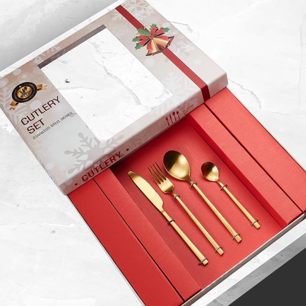 

dinnerware sets 5pcs/set stainless steel cutlery froster square handle knife fork spoon set kitchen utensils christmas tableware decvice