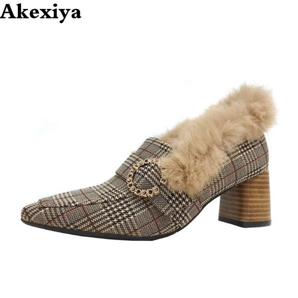 

dress shoes 2021 women's in autumn and winter wear high-heeled thick with wild velvet single pointed houndstooth fur, Black