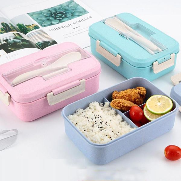 

lunch box picnic wheat straw bento 3 compartment meal storage container prep kitchen dinnerware portable sets