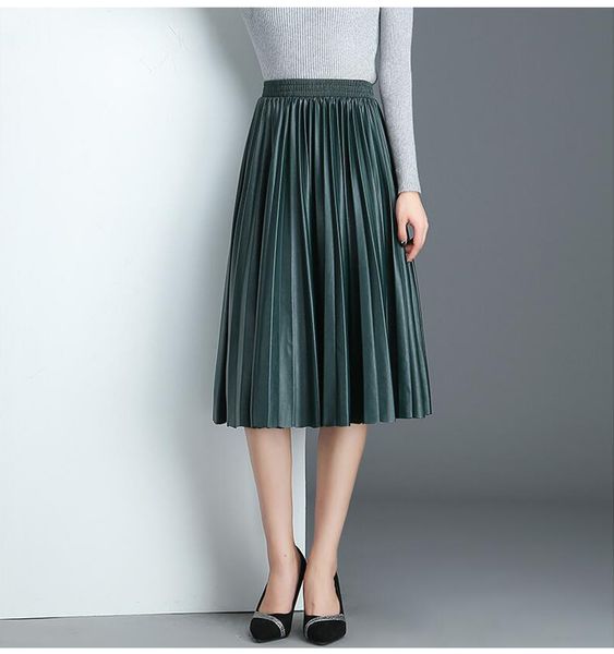 

qooth faux leather skirts women fashion autumn winter elegant long pleated skirts women high waist pu skirts female qh1894 210518, Black