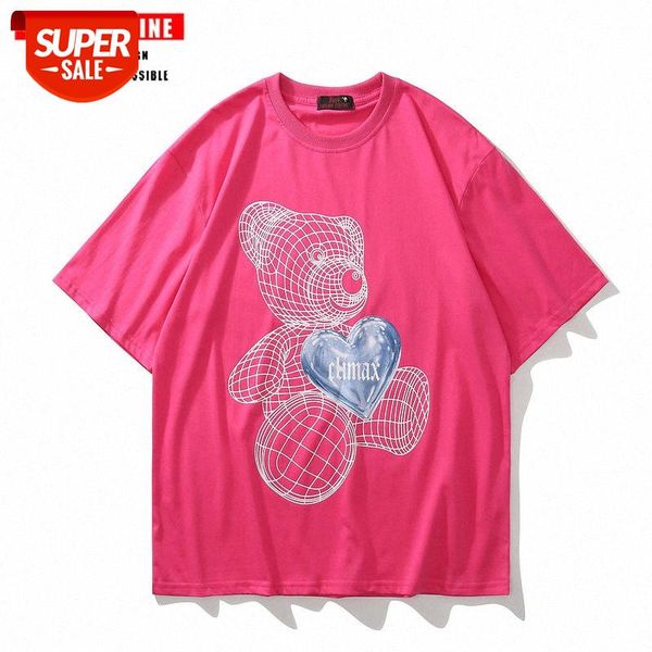 

streetwear men summer american street love bear short sleeve t-shirt men's trendy brand loose bf couple hip hop half #rq2d, White;black