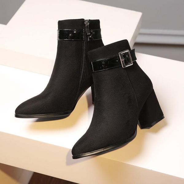 

boots big size 9 10 11 12 women shoes ankle for ladies woman winter side zip belt buckle with thick heel, Black
