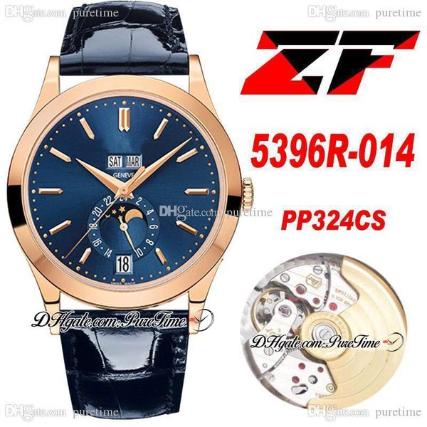 

zf annual calendar moonphase 5396r-014 a324 automatic mens watch rose gold blue dial stick markers leather strap super edition puretime 324c, Slivery;brown