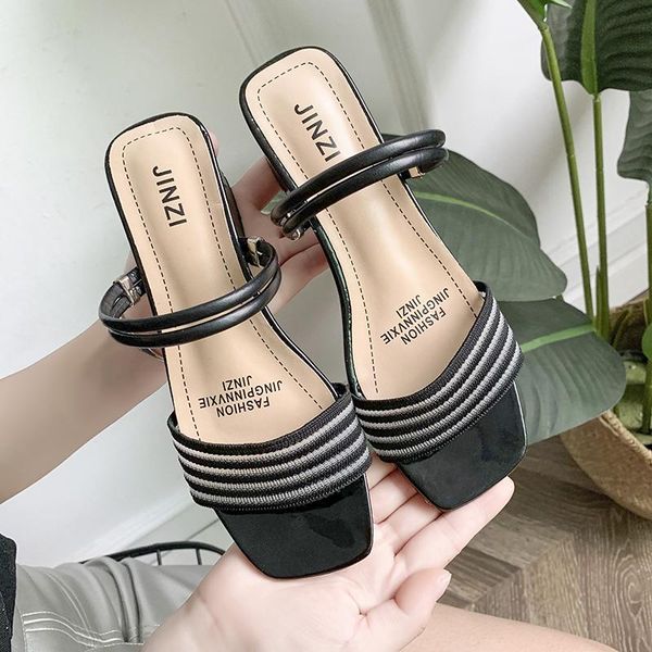 

female shoes med square heel ladies' slippers luxury slides shallow 2021 block designer soft rubber pu hoof heels microfiber, Black