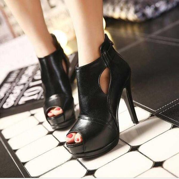 

dress shoes early spring summer 19 cut-out thin foot long leg platform high heel fish mouth sandals size 34, Black