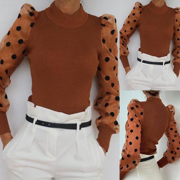 

women's sweaters women autumn polka dot long mesh puff sleeve ribbed sweater bottoming shirt ladies color patchwork winter warm knit, White;black