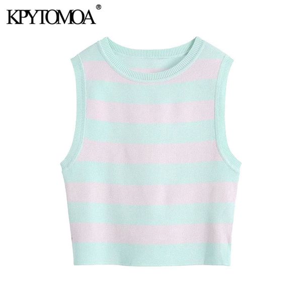 

women sweet fashion striped cropped knitted vest sweater vintage o neck sleeveless female waistcoat chic 210416, White;black