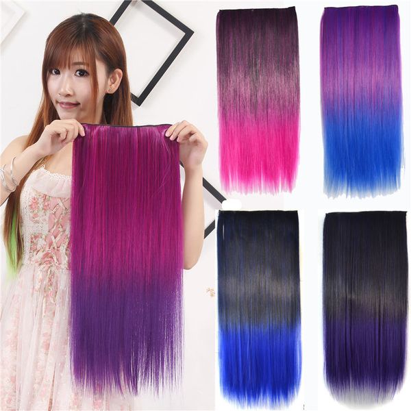 

24 inches clipl in synthetic hair extensions weft 120g ombre color simulation human hairs bundles mr-5s-03, Black;brown