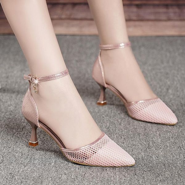 

summer women sandals pointed toe pump ankle strap dress shoes hollow out sandal high heels sandalias mujer stilettos 9045c, Black