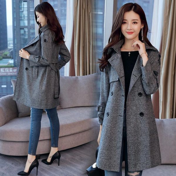 

women's trench coats women spring autumn fashion plaid blazers work office female long section coat ladies slim double breasted busines, Tan;black
