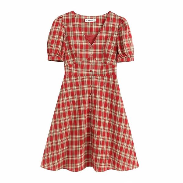 

women sweet fashion decorate buttons plaid mini dress vintage v neck short sleeve dresses girls chic outfits 210520, Black;gray