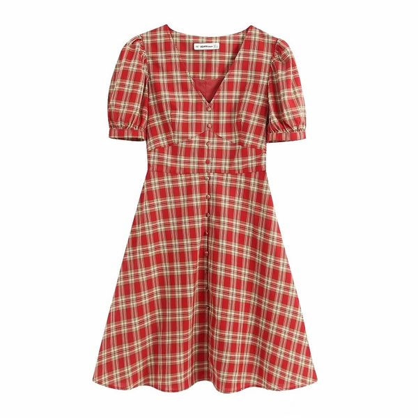 Frauen Süße Mode Dekorieren Knöpfe Plaid Mini Kleid Vintage V-ausschnitt Kurzarm Kleider Mädchen Chic Outfits 210520