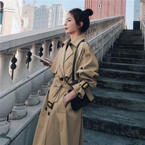 

women's trench coats windbreaker medium length 2021 spring and autumn small british korean loose khaki coat, Tan;black