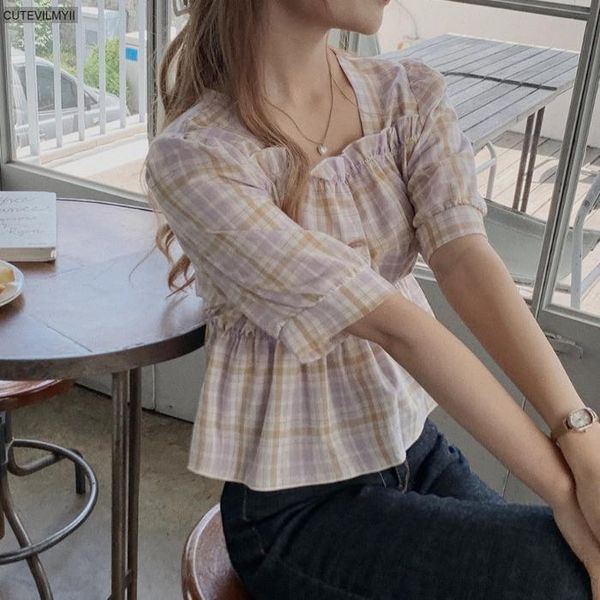 

women's blouses & shirts vintage retro plaid single-breasted shirt female puff sleeve summer women femme blusas korean chic fashion, White