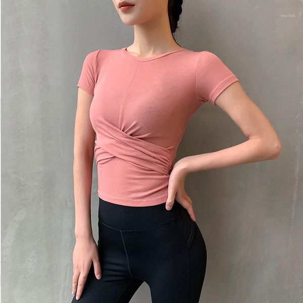 

chest cross yoga short-sleeved round neck tight-fitting stretch quick-drying t-shirt running fitness outfit
