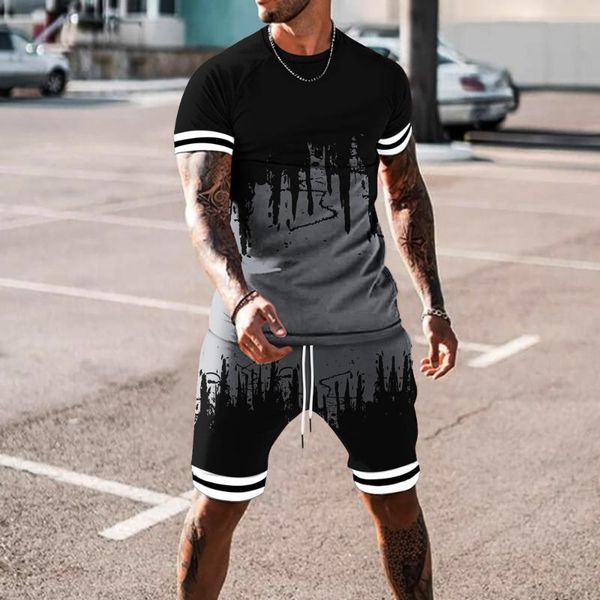 

men's tracksuits 2021 men casual sets printting color short sleeve t shirt drawstring shorts streetwear bodybuilding suits 2 pieces 5xl, Gray