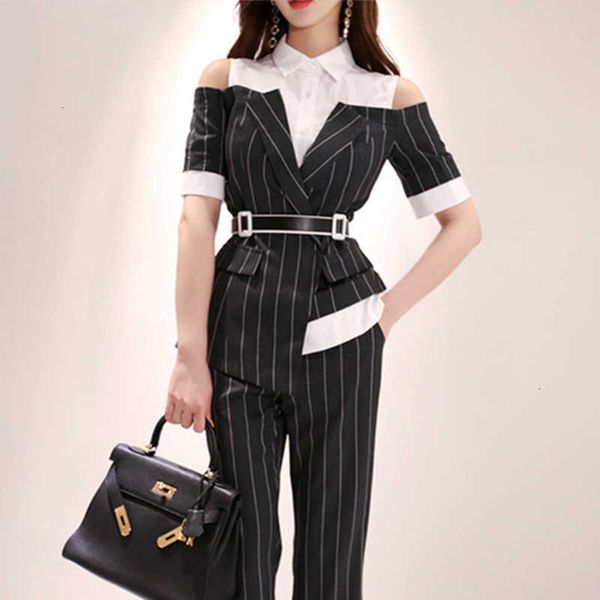 

women's two piece pants summer short sleeve contrast color patchwork turn down collar and striped long pant sets o yr96, White