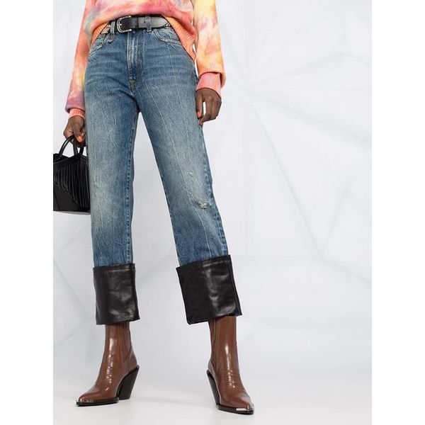 

11.26 autumn winter high waist patchwork pu leather straight jeans women fashion vintage loose denim pants women's, Blue