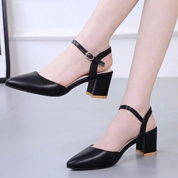 

dress shoes women's summer sansals pointed toe casual leather woman thick heel slippers fashion wild mid-heel sandal sandalia feminina, Black