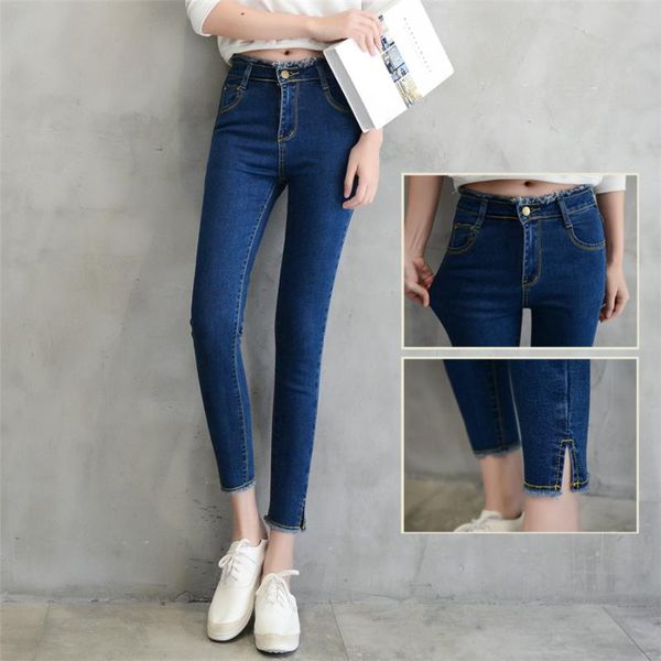 

women's jeans fashion soft for women high waist tassel elastic skinny denim pencil pants ankle length femme trousers boyfriend, Blue