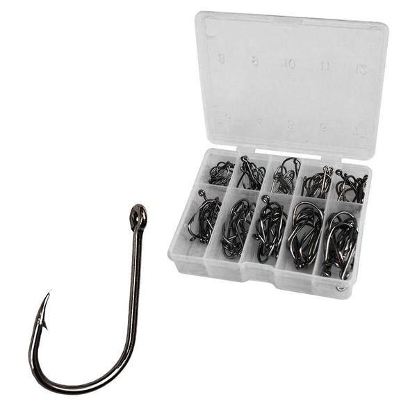 

fishing hooks 100pcs sharpened carbon steel poles with box hole carp hook handle 3-12 sizes each 10pcs for freshwater