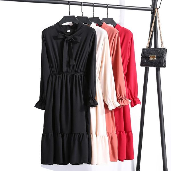 

casual dresses 2021 spring dress long sleeve office polka dot vintage women red floral autumn shirt chiffon midi for ladies, Black;gray