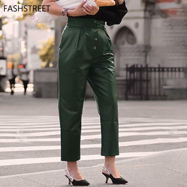 

goth high waist pu leather pants women solid single breasted ruched straight trouser female streetwear design clothes women's & capris, Black;white